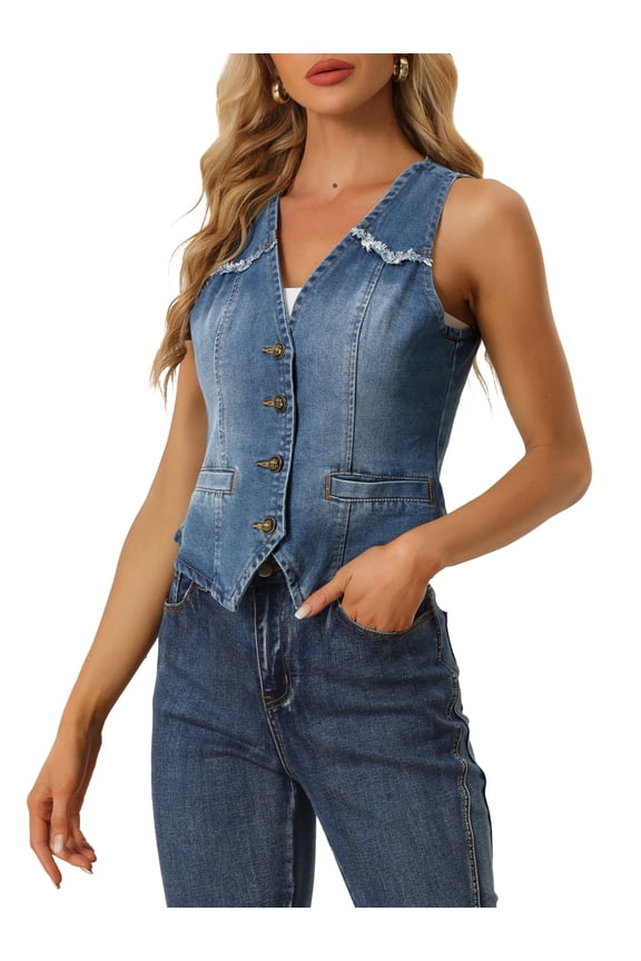 Women's Denim Vests Sleeveless Washed Distressed Casual Jean Jackets Sky Blue L