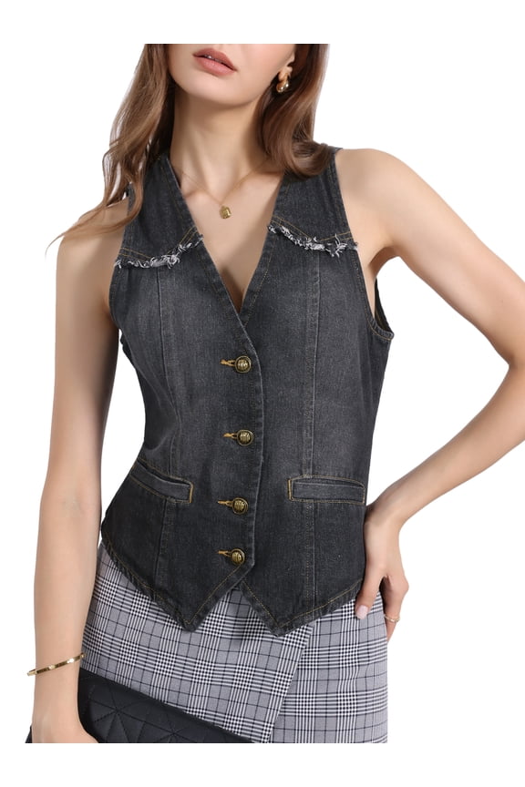 Women's Denim Vests Sleeveless Washed Distressed Casual Jean Jackets Black M