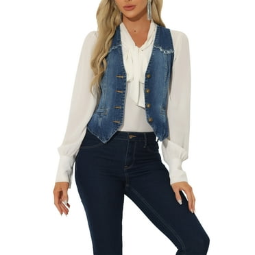 Allegra K Women's Denim Vest Sleeveless Washed Distressed Jean Jacket M Dark Blue