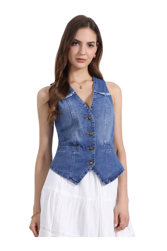 Women's Denim Vests Sleeveless Washed Distressed Casual Jean Jackets Dark Blue M