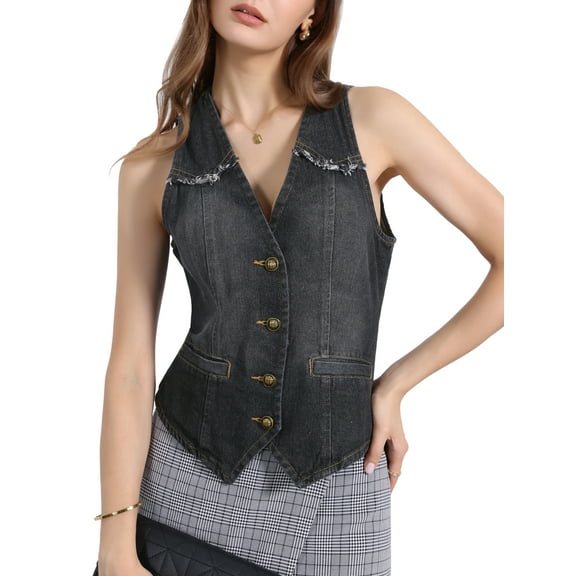 INSPIRE CHIC Women's Denim Vests Sleeveless Washed Distressed Casual Jean Jackets XS Black