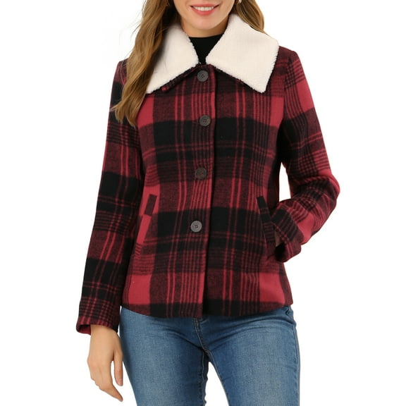 INSPIRE CHIC Women's Detachable Collared Button Pockets Check Plaid Peacoat