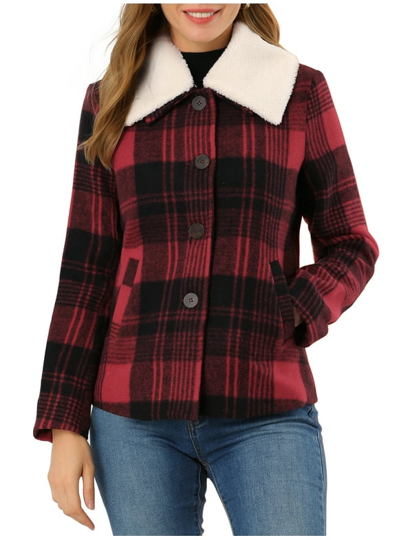 Women's Detachable Collared Button Pockets Check Plaid Peacoat