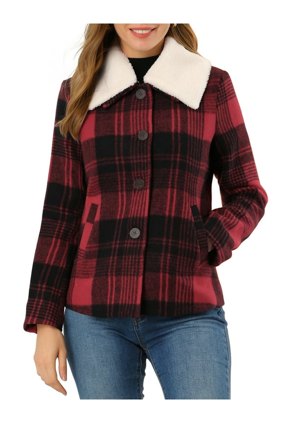 Women's Detachable Collared Button Pockets Check Plaid Peacoat