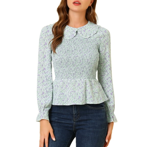 INSPIRE CHIC Women's Ditsy Floral Peplum Top Peter Pan Collar Keyhole Back Chiffon Smocked Blouse M Lavender