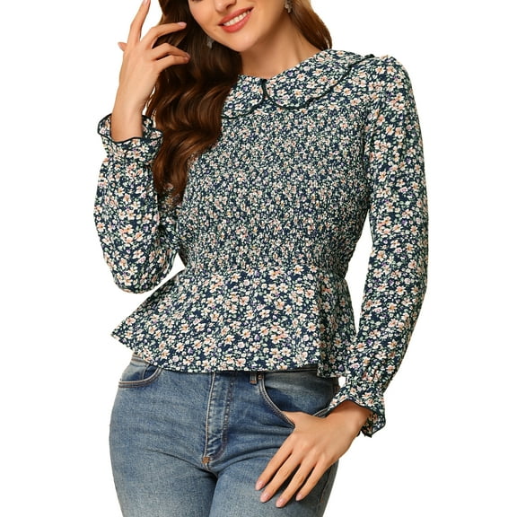 INSPIRE CHIC Women's Ditsy Floral Peplum Top Peter Pan Collar Keyhole Back Chiffon Smocked Blouse M Navy Blue