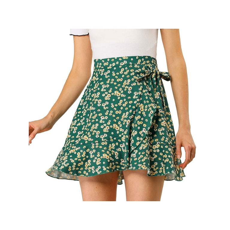 Allegra K Women's Ditsy Floral Print Wrap Elastic Tie Ruffle Hem A