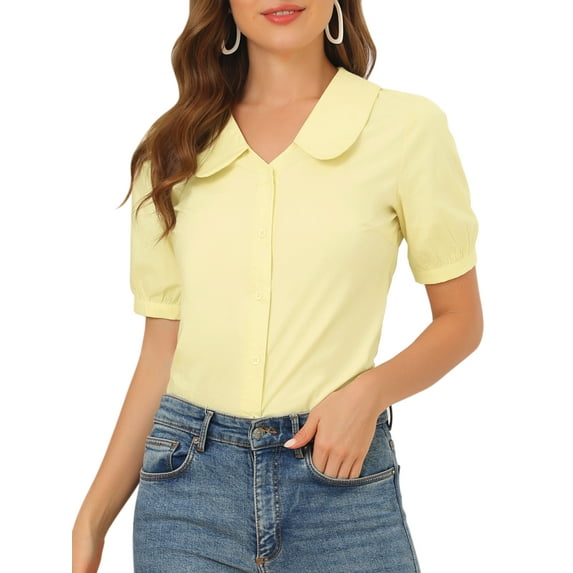 Allegra K Women's Doll Collar Cotton Casual Work Blouse Shirt