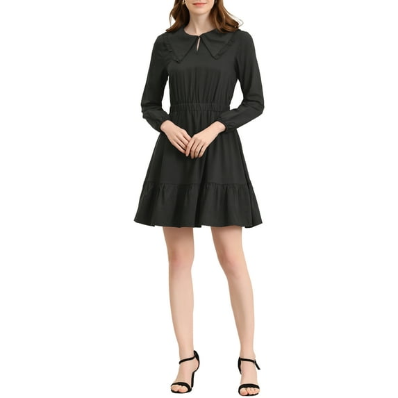INSPIRE CHIC Women's Doll Collar Keyhole Front Elasticed Waist Ruffle Hem Dress Black XS