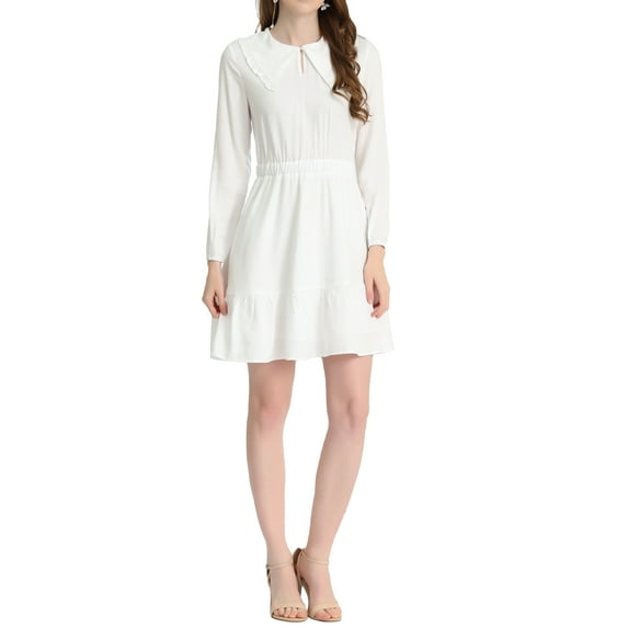 INSPIRE CHIC Women's Doll Collar Keyhole Front Elasticed Waist Ruffle Hem Dress White XS