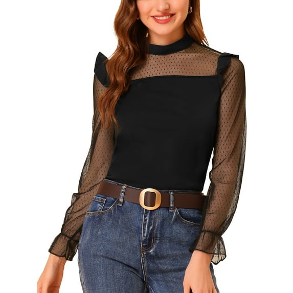 Allegra K Women's Dots Mesh Sheer Long Sleeve Stand Collar Ruffle Knit Blouse Top