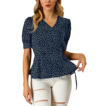 Allegra K Women's Dots Print Tie Waist Ruffle Hem V Neck Wrap Peplum Tops M Dark Blue