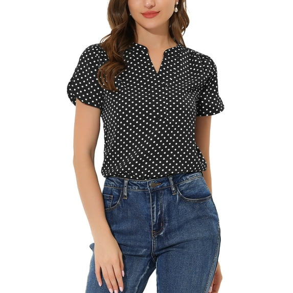 INSPIRE CHIC Valentine's Day Women's Dots Printed Blouse V Neck Short Sleeve Wear-to-Work Top 2XL Black