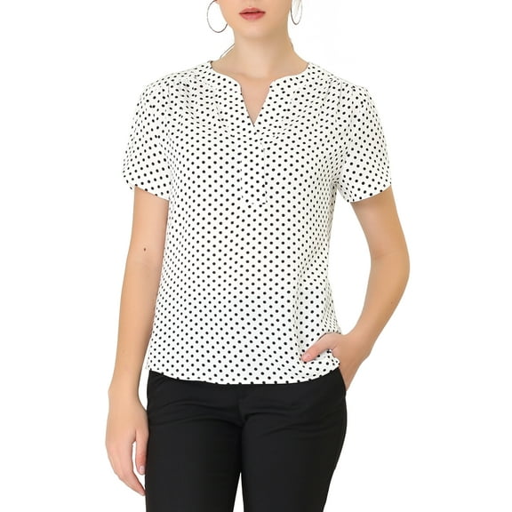 INSPIRE CHIC Valentine's Day Women's Dots Printed Blouse V Neck Short Sleeve Wear-to-Work Top L White