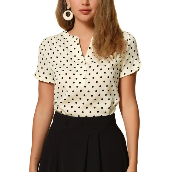 INSPIRE CHIC Valentine's Day Women's Dots Printed Blouse V Neck Short Sleeve Wear-to-Work Top M Apricot