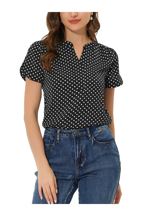 Valentine's Day Women's Dots Printed Blouse V Neck Short Sleeve Wear-to-Work Top M Black