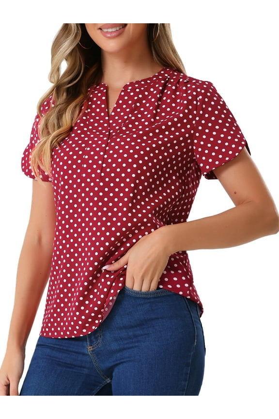 Valentine's Day Women's Dots Printed Blouse V Neck Short Sleeve Wear-to-Work Top M Red