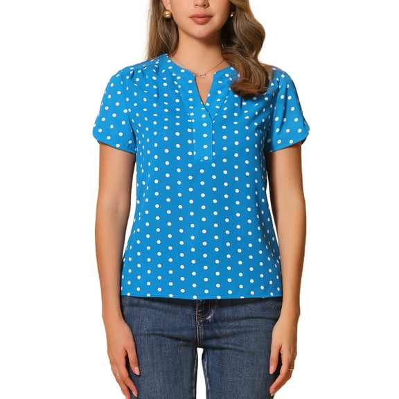 INSPIRE CHIC Valentine's Day Women's Dots Printed Blouse V Neck Short Sleeve Wear-to-Work Top M Sky Blue