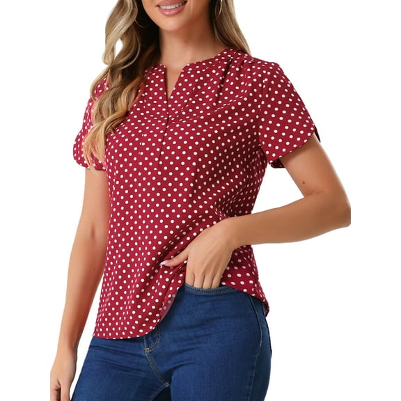 INSPIRE CHIC Valentine's Day Women's Dots Printed Blouse V Neck Short Sleeve Wear-to-Work Top S Red