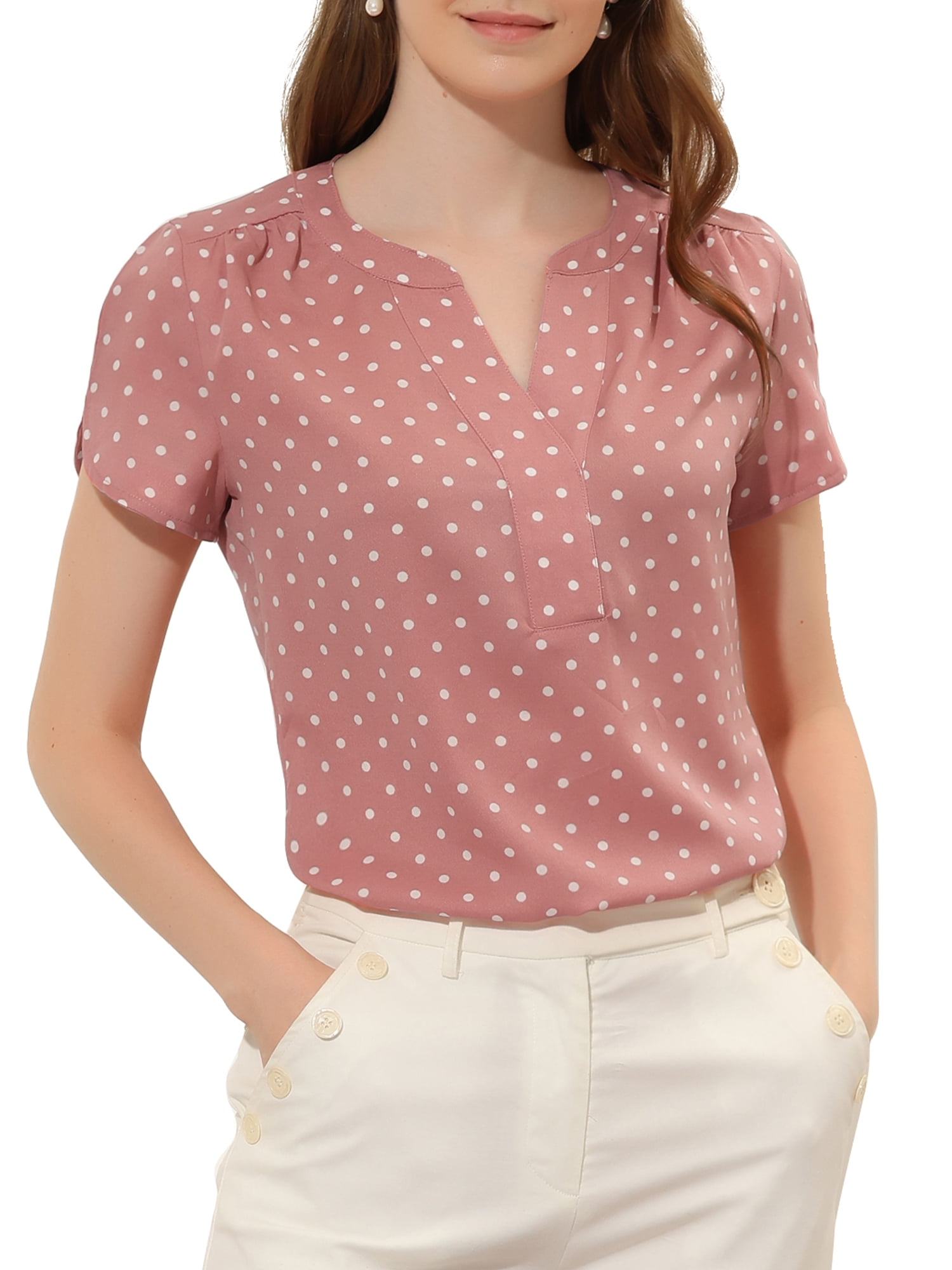 Allegra K Women's Dots Printed V Neck Short Sleeve Work Office Blouse