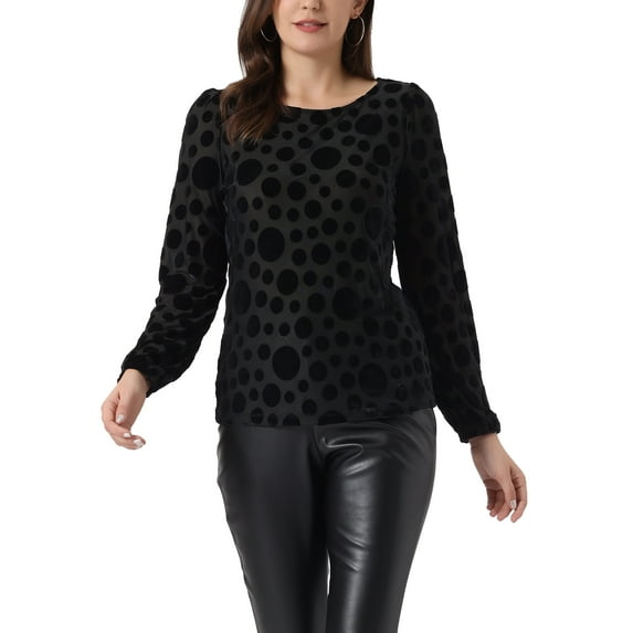 INSPIRE CHIC Women's Dots Prints Velvet Burn-Out Long Puff Sleeve Blouse L Black