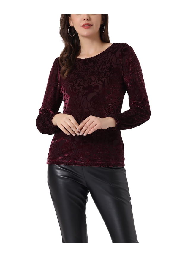 Women's Dots Prints Velvet Burn-Out Long Puff Sleeve Blouse S Burgundy
