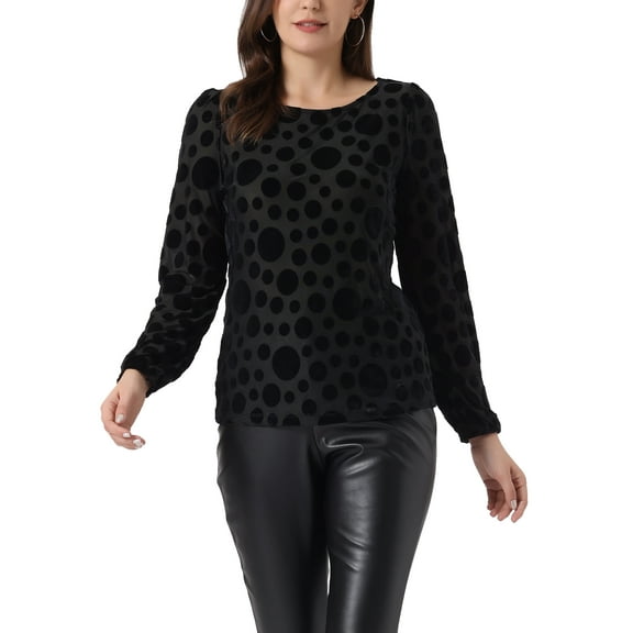 INSPIRE CHIC Women's Dots Prints Velvet Burn-Out Long Puff Sleeve Blouse XL Black
