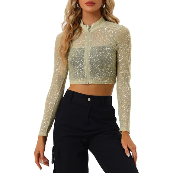 INSPIRE CHIC Women's Halloween Christmas Sheer Top Glitter Stand Collar Cropped Jacket XL Gold