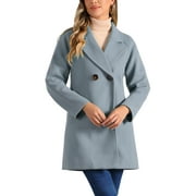 ALLEGRA K Women's Double Breasted Lapel Raglan Long Sleeve Mid Length Overcoat M Grey Blue