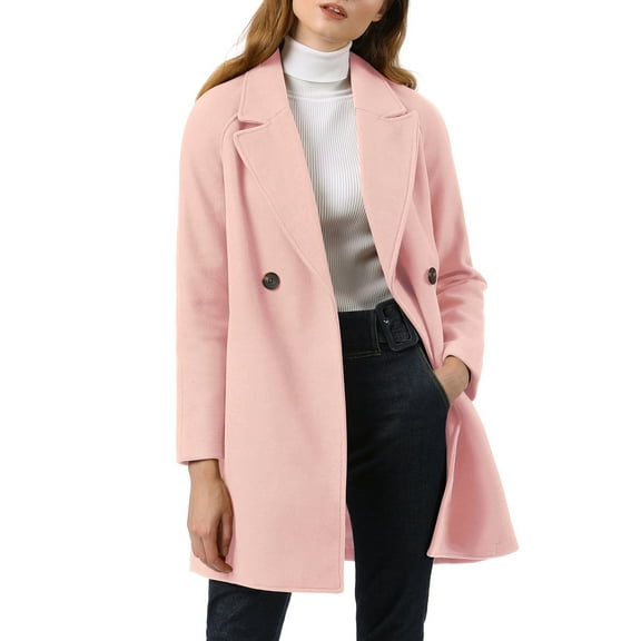 Allegra K Women's Double Breasted Lapel Raglan Long Sleeve Mid Length Overcoat S Light Pink