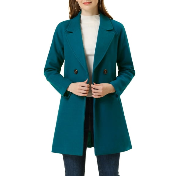 Allegra K Women's Double Breasted Lapel Raglan Long Sleeve Mid Length Overcoat L Lake Blue