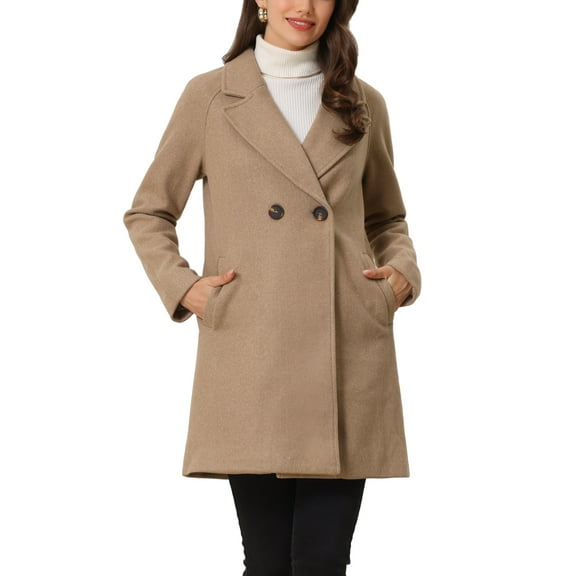 Allegra K Women's Double Breasted Lapel Raglan Long Sleeve Mid Length Overcoat XL Dark Khaki