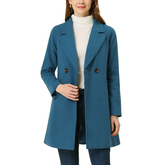Allegra K Women's Double Breasted Lapel Raglan Long Sleeve Mid Length Overcoat S Dark Blue Grey