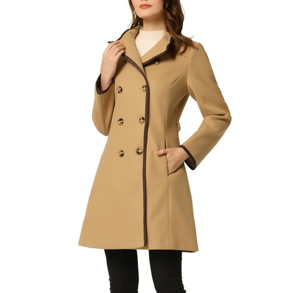 INSPIRE CHIC Women's Double Breasted Stand Collar Long Sleeve Winter Long Trenchcoat L Khaki