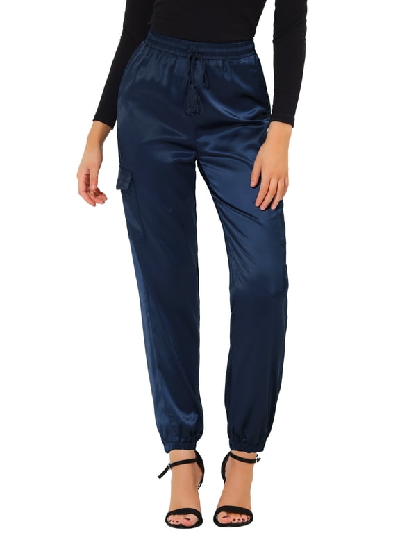 Women's Halloween Satin Cargo Joggers High Waisted Elastic Waist Casual Pants L Royal Blue