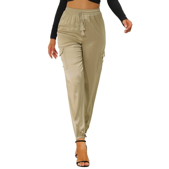 INSPIRE CHIC Women's Satin Cargo Joggers High Waisted Elastic Waist Casual Pants M Khaki