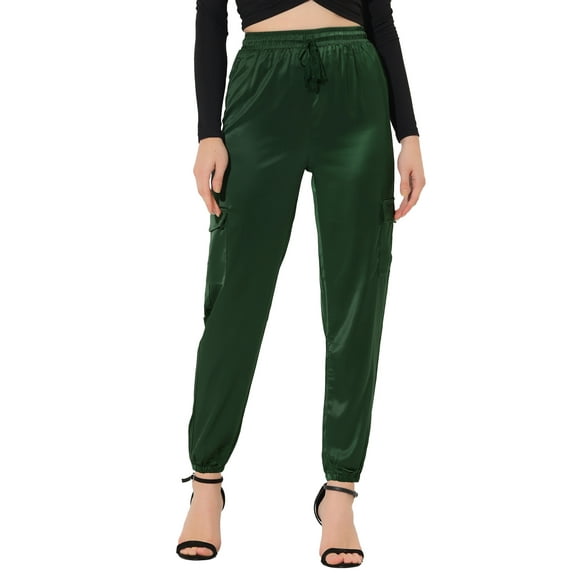 INSPIRE CHIC Women's Satin Cargo Joggers High Waisted Elastic Waist Casual Pants S Dark Green