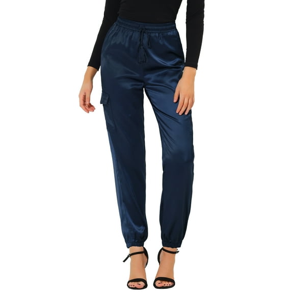 INSPIRE CHIC Women's Satin Cargo Joggers High Waisted Elastic Waist Casual Pants S Royal Blue