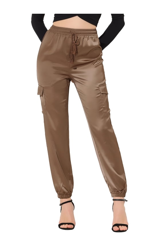 Women's Satin Cargo Joggers High Waisted Elastic Waist Casual Pants S Tan