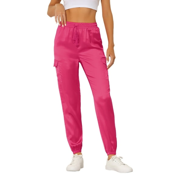 INSPIRE CHIC Women's Satin Cargo Joggers High Waisted Elastic Waist Casual Pants XL Rose Red