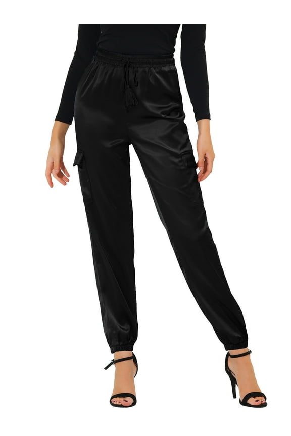 Women's Satin Cargo Joggers High Waisted Elastic Waist Casual Pants XS Black