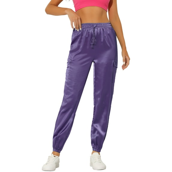 INSPIRE CHIC Women's Satin Cargo Joggers High Waisted Elastic Waist Casual Pants XS Purple