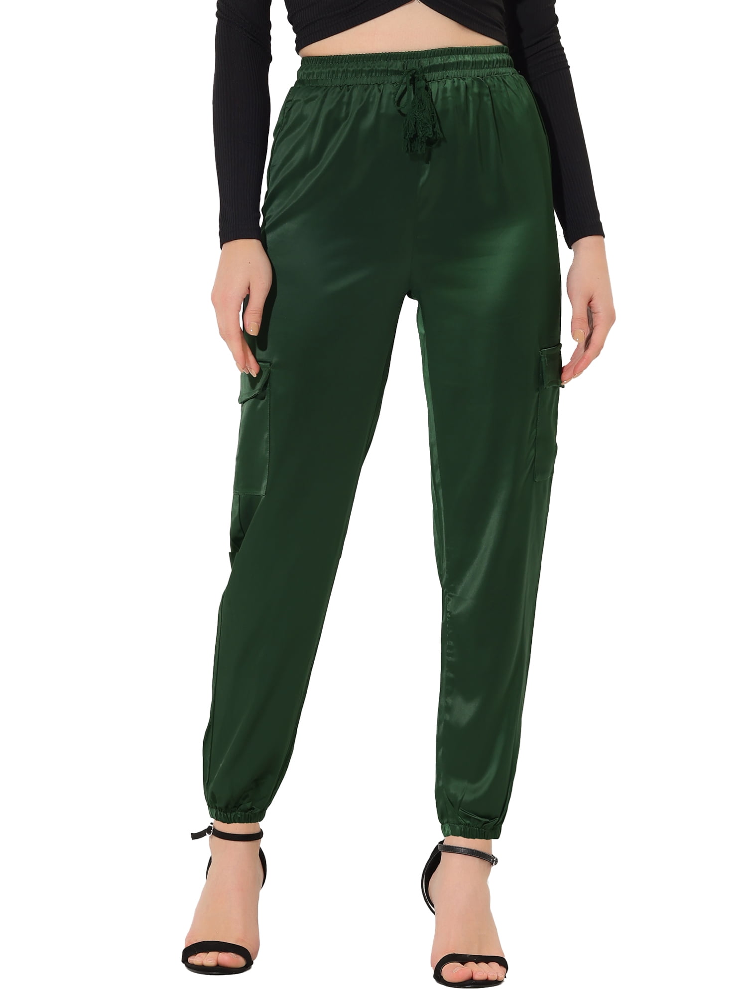 Allegra K Women's Drawstring Elastic High Rise Silky Satin Cargo Solid