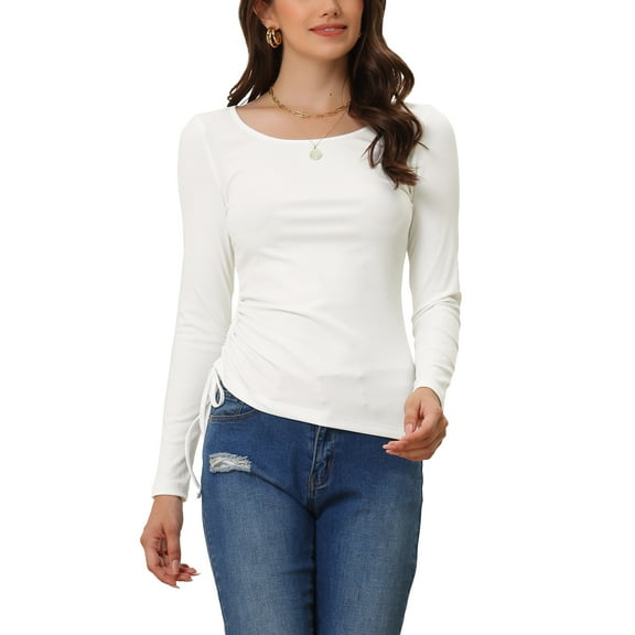 INSPIRE CHIC Women's Drawstring Ruched Top Round Neck Long Sleeve Irregular Hem Basic T-shirt Tops