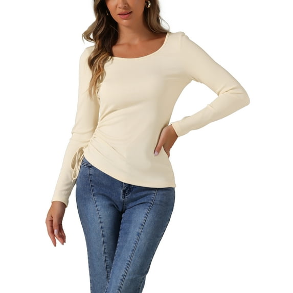 INSPIRE CHIC Women's Drawstring Ruched Top Round Neck Long Sleeve Irregular Hem Basic T-shirt Tops