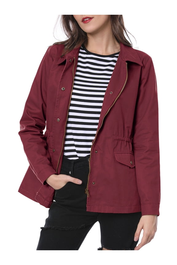 Women's Back to School Utility Jackets Drawstring Waist Flap Pocket Zip Button Jackets Burgundy L