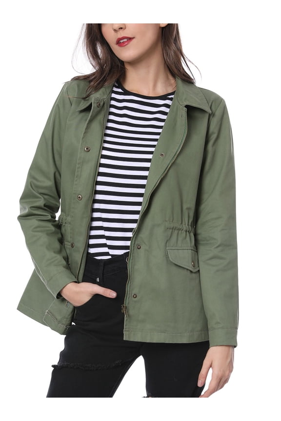 Women's Utility Jackets Drawstring Waist Flap Pocket Zip Button Jackets Green L