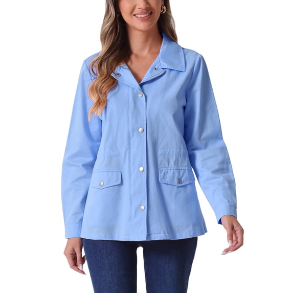 INSPIRE CHIC Women's Utility Jackets Drawstring Waist Flap Pocket Zip Button Jackets Light Blue L