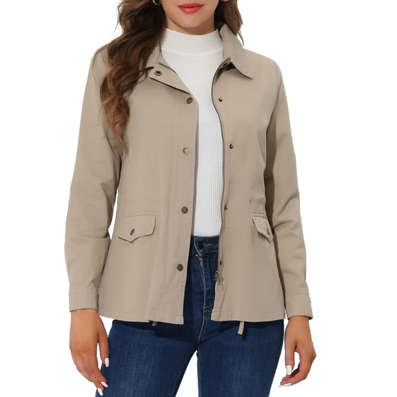 INSPIRE CHIC Women's Utility Jackets Drawstring Waist Flap Pocket Zip Button Jackets L Light Khaki