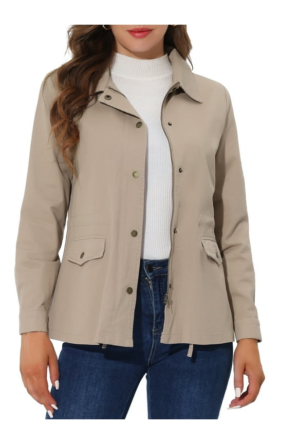 Women's Utility Jackets Drawstring Waist Flap Pocket Zip Button Jackets L Light Khaki